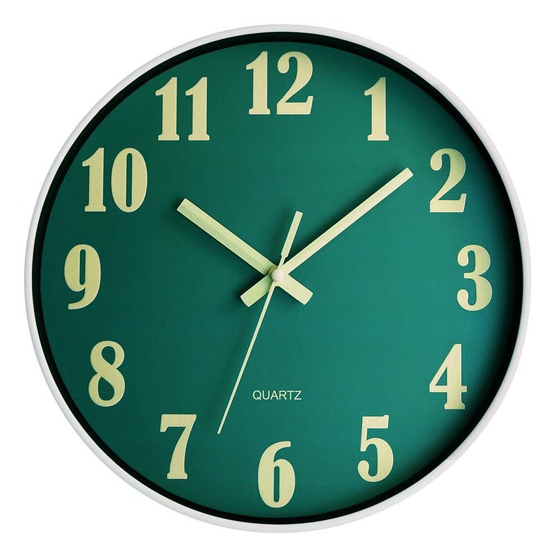 JoFomp Glow in The Dark Clock, 12 Inch Modern Silent Non Ticking Wall Clocks Battery Operated, Night Light Wall Clock for Living Room Decor, Wall Clock Decorative for Kitchen Bedroom (Green) - Image 1